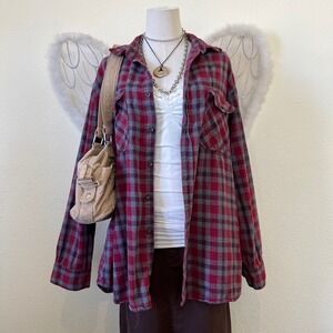 Indie Skater Grunge Oversized Shirt Button Up Long Sleeve Grey Red Flannel